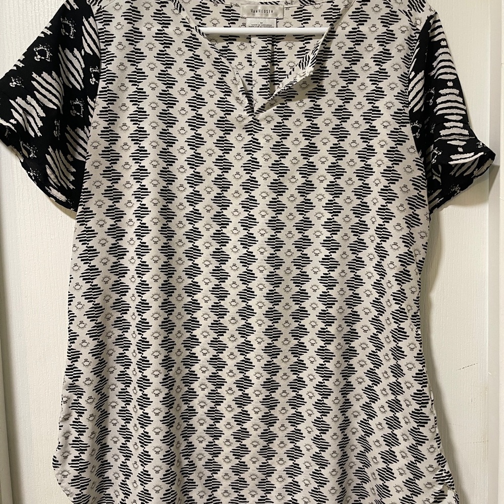 Van Heusen Black and White Graphic Blouse with Mandarin Collar